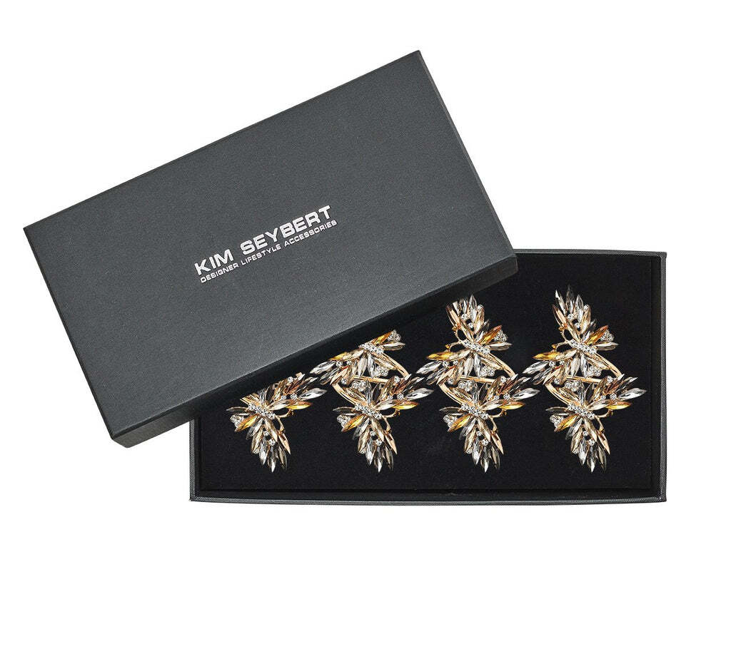 Butterflies Napkin Ring in Champagne & Crystal, Set of 4, in a Gift Box