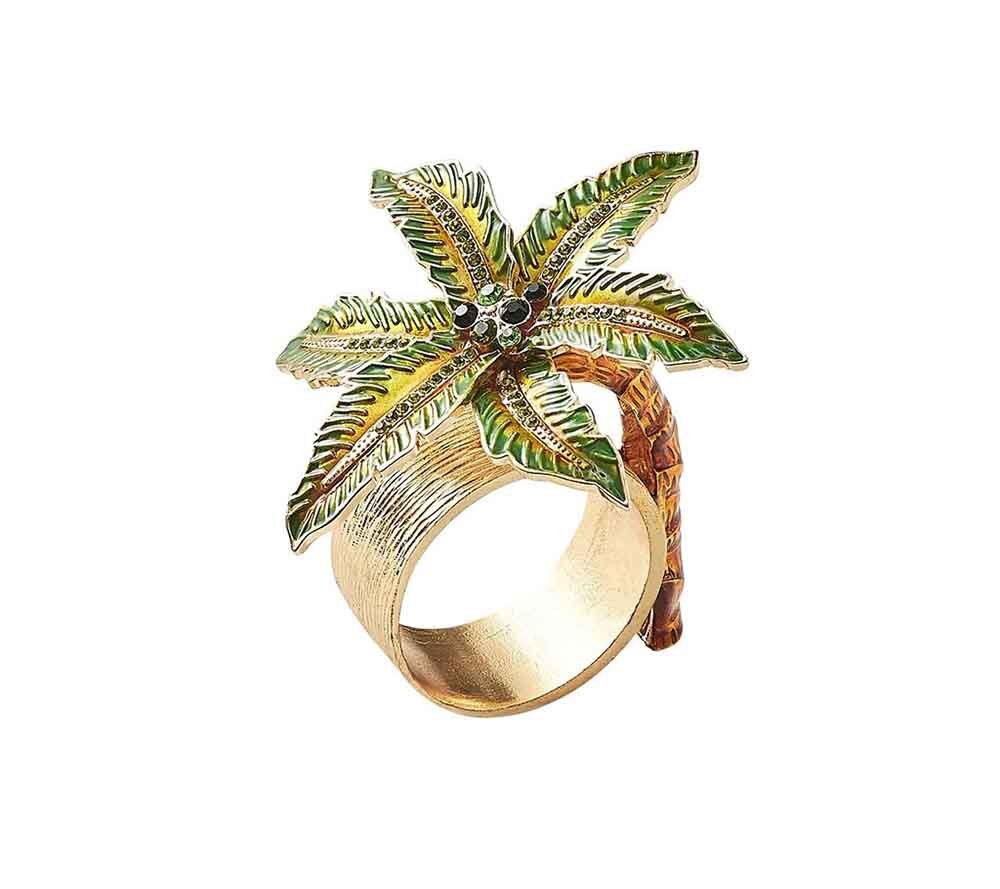 Palm Coast Napkin Ring in Green & Gold, Set of 4 in a Gift Box