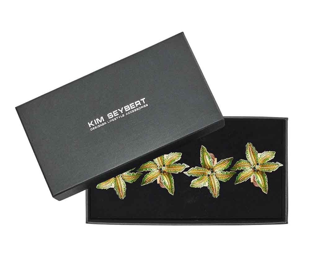 Palm Coast Napkin Ring in Green & Gold, Set of 4 in a Gift Box