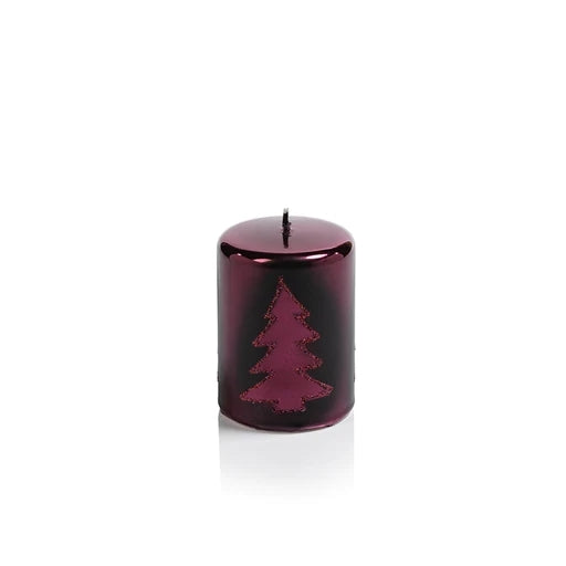 Tree Design Metallic Pillar Candle- Burgundy 3x4