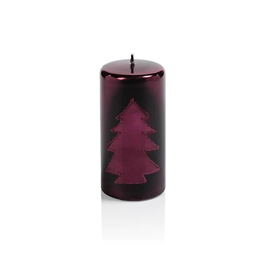 Tree Design Metallic Pillar Candle-Burgundy 3x6